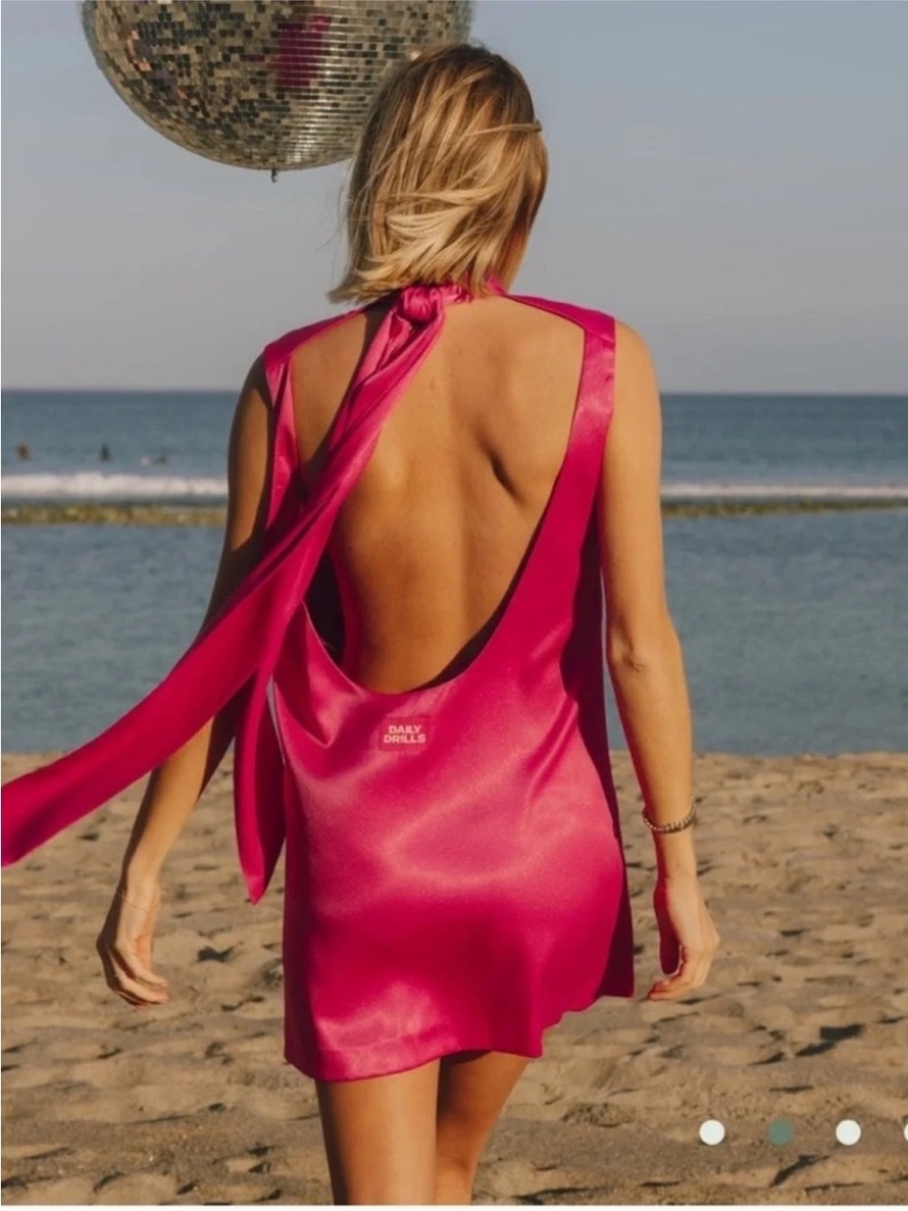Daily Drills Silky Mini Dress with Neck Tie - Hot Pink - Picture 2 of 5